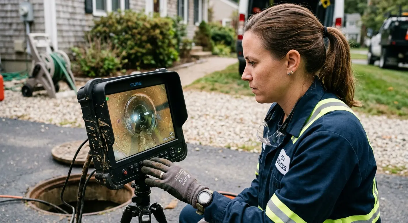 Technician reviewing sewer camera inspection footage in Derby