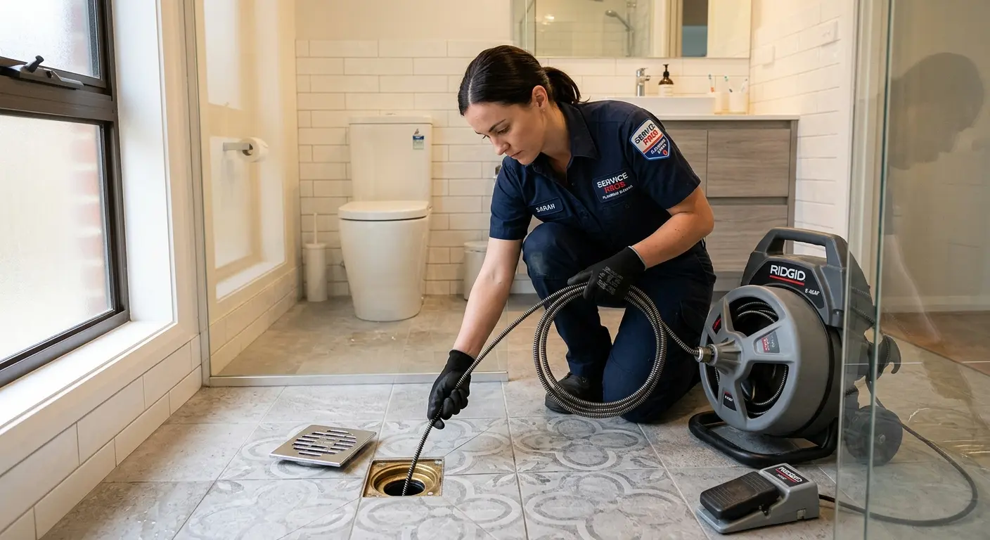 Technician clearing a bathroom floor drain for Hydro Jetting in Derby